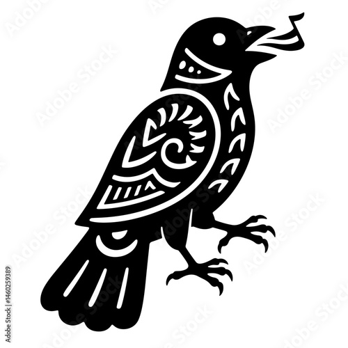 Stylized black bird illustration, vector art, folk art design,  tribal bird graphic, singing bird silhouette.