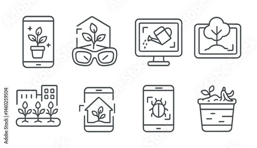 Line style icons of AR: AR gardening app, AR plant growth simulator, AR watering schedule, AR landscaping preview, AR urban farming guide, AR smart greenhouse, AR pest identification, AR composting