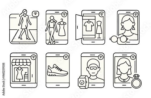 Line style icons of AR: AR fashion runway, AR virtual fitting model, AR style guide, AR accessory matching, AR boutique showcase, AR shoe fitting app, AR jewelry try-on, AR watch preview.