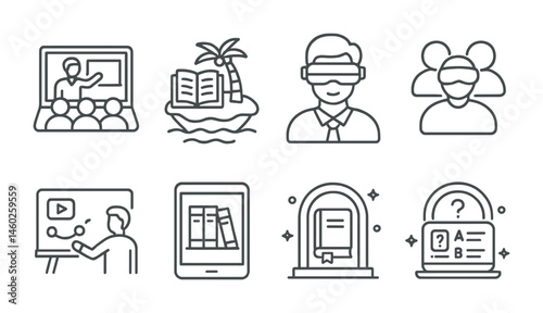 Line style icons of metaverse: virtual classroom, learning island, instructor avatar, student avatars, interactive whiteboard, digital library, knowledge portal, quiz portal.