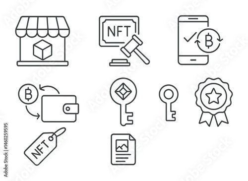 Line style icons of metaverse: metaverse marketplace, NFT auction, transaction confirmation, crypto wallet sync, digital ownership key, rarity badge, NFT price tag, asset metadata.