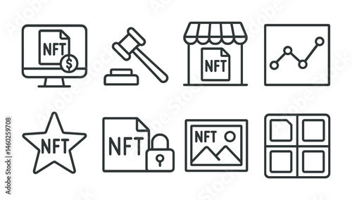 Line style icons of NFT: NFT auction, bid hammer, NFT marketplace icon, price history chart, NFT rarity star, NFT unlockable content, NFT preview image, NFT collection grid. photo