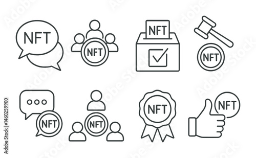 Line style icons of NFT: NFT live chat, community token, voting NFT, DAO governance NFT, discussion thread icon, NFT community icon, holder verification badge, NFT feedback.