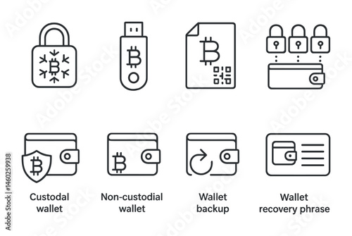 Line style icons of blockchain: cold storage icon, hardware wallet, paper wallet icon, multisig wallet, custodial wallet, non-custodial wallet, wallet backup, wallet recovery phrase.