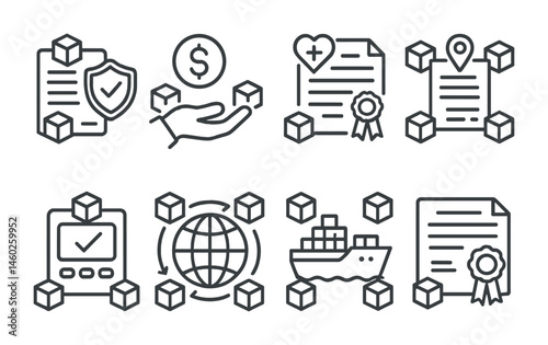Line style icons of blockchain: blockchain insurance policy, blockchain escrow service, blockchain health records, blockchain land registry, blockchain voting machine, blockchain supply chain,