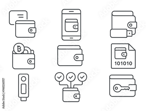 Line style icons of wallets: digital wallet, mobile wallet app, crypto wallet with coins, cold storage wallet, paper wallet document, hardware wallet device, multi-signature wallet, wallet backup key