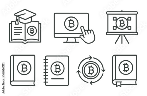 Line style icons of cryptocurrency: crypto education icon, learn crypto platform, crypto tutorial guide, blockchain basics class, cryptocurrency e-book, crypto masterclass, tokenomics explanation,