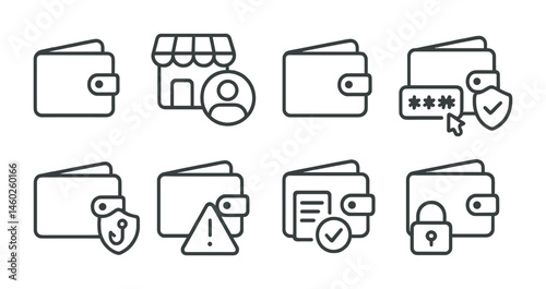 Line style icons of wallets: wallet connection to marketplace, wallet linked to account, wallet login icon, secure wallet authentication, wallet phishing protection, wallet scam alert, wallet