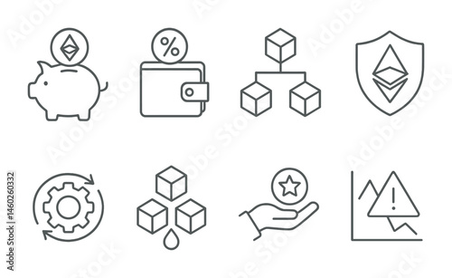 Line style icons of DeFi: DeFi savings account, interest-earning wallet, decentralized investment fund, DeFi insurance shield, automated market maker, liquidity mining, reward distribution,