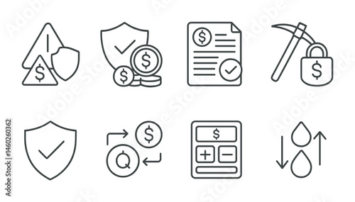 Line style icons of DeFi: DeFi risk management, insurance pool DeFi, protocol audit report, secured liquidity mining, DeFi compliance badge, slippage protection tool, fee estimator icon, automated