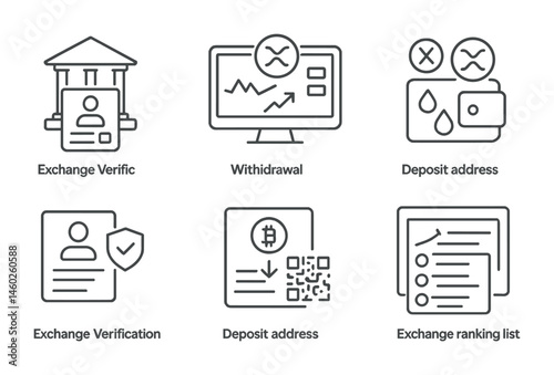 Line style icons of exchanges: centralized exchange login, decentralized exchange dashboard, DEX liquidity provider, exchange KYC verification, withdrawal request form, deposit address page, exchange