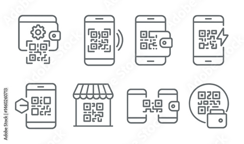 Line style icons of blockchain wallets: wallet address QR code generator, dynamic QR payment request, offline QR payment tool, lightning-fast QR transaction, smart QR token transfer, QR merchant