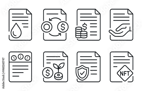 Line style icons of smart contracts: DeFi liquidity smart contract, token swap contract, lending protocol contract, borrowing agreement contract, staking pool contract, yield farming contract,