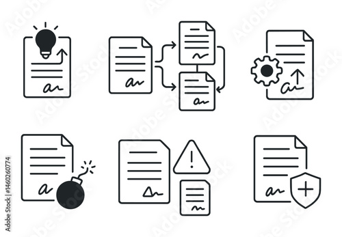 Line style icons of smart contracts: smart contract upgrade proposal, contract migration tool, proxy contract structure, upgradable contract icon, contract self-destruction tool, deprecated contract