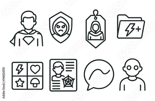 Line style icons of game characters: hero icon, villain badge, character class tag, special abilities file, power-up board, character profile chart, story arc bubble, game character symbol.