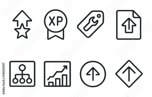 Line style icons of character progression: level up icon, experience badge, skill points tag, upgrade file, talent tree board, leveling chart, progress bubble, advancement symbol.
