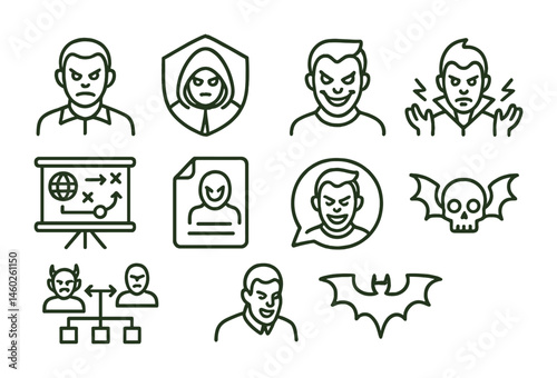 Line style icons of villain characters: antagonist icon, dark cloak badge, evil smile tag, ominous powers file, villainous plot board, nemesis chart, villainous laugh bubble, villainy symbol.