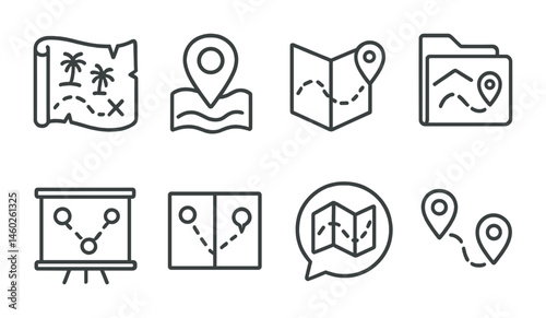 Line style icons of quest maps: treasure map icon, location badge, map navigation tag, journey file, exploration board, map points chart, travel bubble, quest tracking symbol.