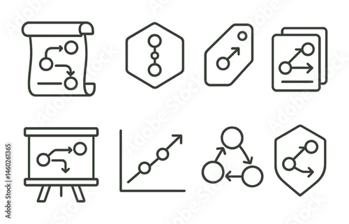 Line style icons of multi-part quests: story arc icon, chain of missions badge, task sequence tag, quest line file, storyline progression board, milestone chart, connected missions bubble, campaign