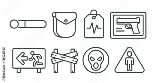 Line style icons of survival horror: stamina bar icon, inventory badge, health status tag, weapon selection file, escape route board, barricade chart, danger bubble, survival mode symbol.