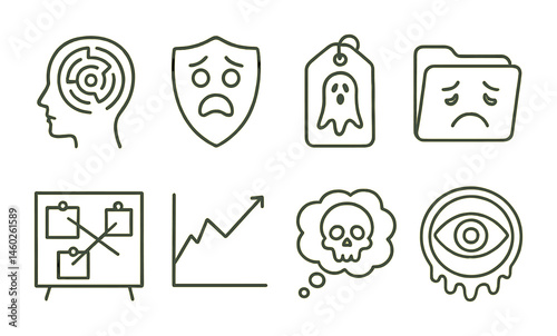 Line style icons of psychological horror: mind game icon, fear badge, haunting memories tag, emotional dread file, tension board, terror chart, haunting thought bubble, fear factor symbol.