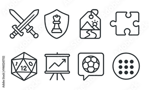 Line style icons of game genres: action game icon, strategy game badge, adventure game tag, puzzle game file, RPG game board, simulation chart, sports game bubble, genre classification symbol.