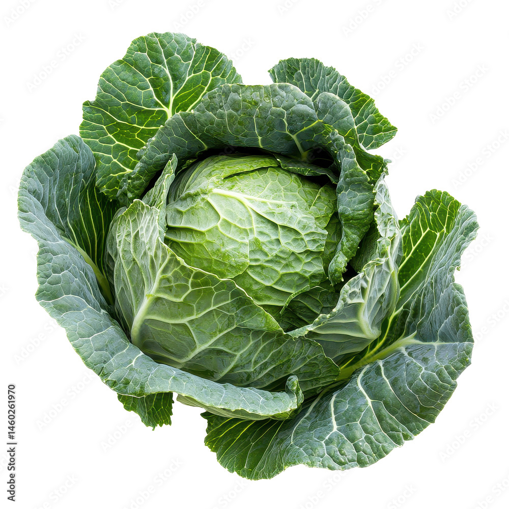 Obraz premium Closeup of fresh green cabbage isolated on a Transparent background showcasing vibrant color and texture, Closeup green cabbage isolated on PNG background