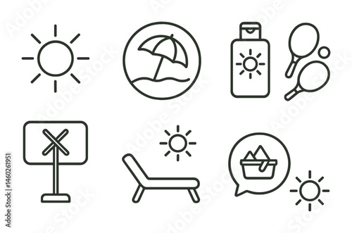 Line style icons of sun and sand activities: sun icon, beach umbrella badge, sunscreen tag, paddle game file, outdoor activity board, sunbathing chart, picnic bubble, sunny day symbol.