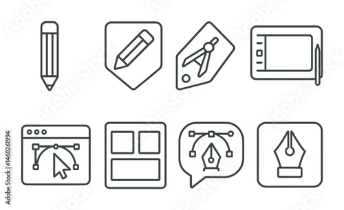 Line style icons of design tools: pencil icon, ruler badge, drafting tag, graphic tablet file, design software board, layout chart, vector art bubble, digital design symbol.