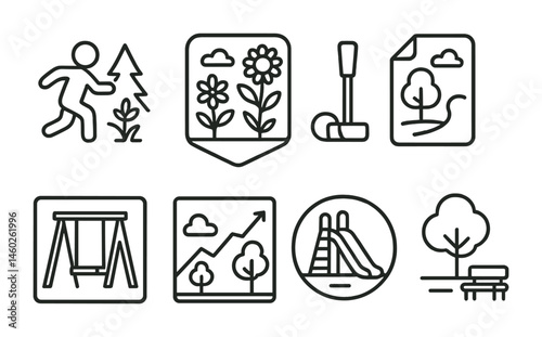 Line style icons of outdoor fun: nature play icon, garden badge, lawn games tag, nature walk file, playtime outside board, open space chart, playground bubble, green space symbol.