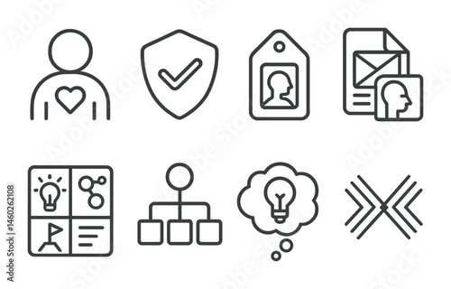 Line style icons of design thinking: user-centered icon, problem-solving badge, prototype tag, empathy map file, innovation process board, brainstorming chart, solution bubble, design method symbol.