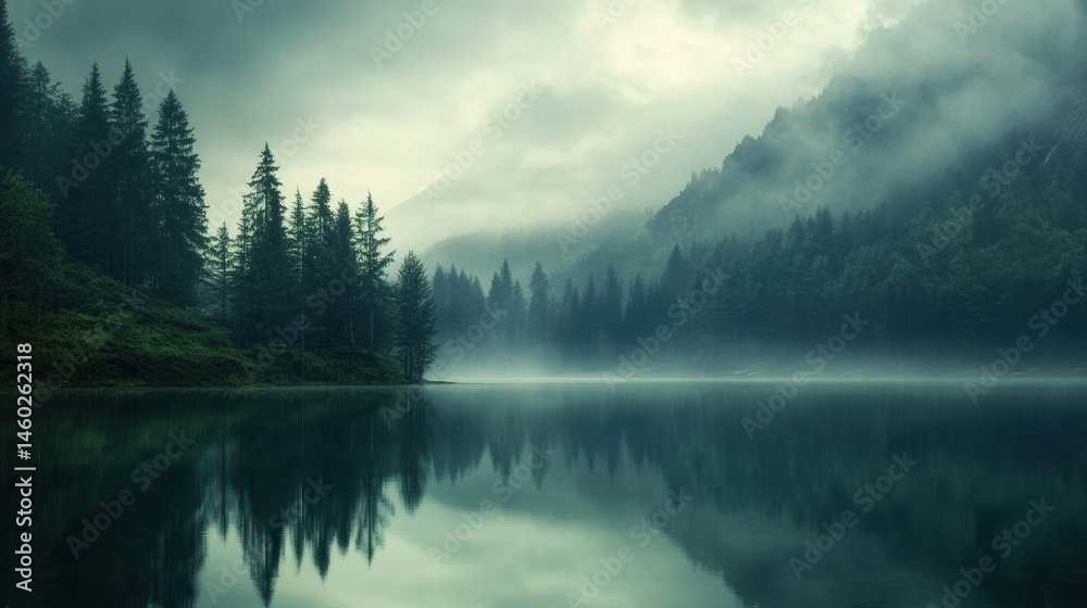 Misty mountain lake reflecting a dark forest. Misty mountain lake reflecting a dark forest.