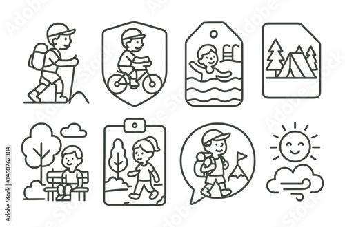 Line style icons of outdoor activities for children: hiking icon, biking badge, swimming pool tag, camping file, park outing board, nature walk chart, adventure bubble, fresh air symbol.