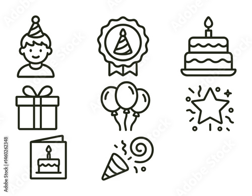 Line style icons of kids’ celebrations: birthday icon, party hat badge, cake tag, gift box file, balloons board, birthday card chart, party favor bubble, festive symbol.