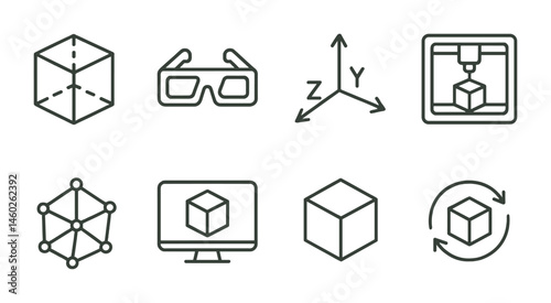 Line style icons of 3D: wireframe cube, 3D glasses, depth axis, 3D printer, polygon mesh, render view, 3D model, rotation tool.