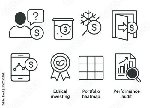 Line style icons of investments: investor Q&A, liquidity pool icon, asset freeze symbol, capital exit route, smart fund tracker, ethical investing badge, portfolio heatmap, performance audit icon.