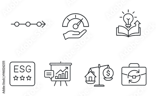 Line style icons of investments: investment timeline, risk tolerance meter, capital injection icon, financial literacy book, ESG score, investment pitch, net worth scale, portfolio rebalance.