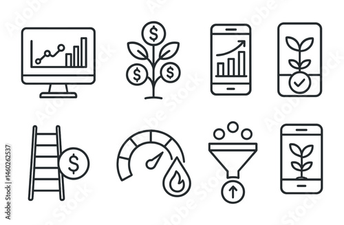 Line style icons of investments: portfolio simulator, financial growth tree, social investing icon, mobile investing dashboard, investment ladder, risk heat level, capital growth funnel, ethical