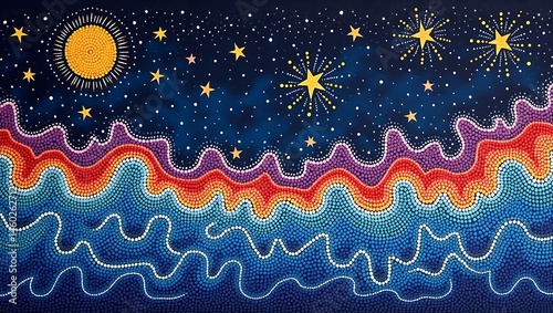 Aboriginal inspired celestial seascape with radiant sun and twinkling stars