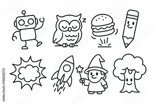 Line style icons of cartoons: dancing robot, sleeping owl, bouncing burger, cartoon pencil, comic boom cloud, animated rocket, tiny wizard, smiling tree.