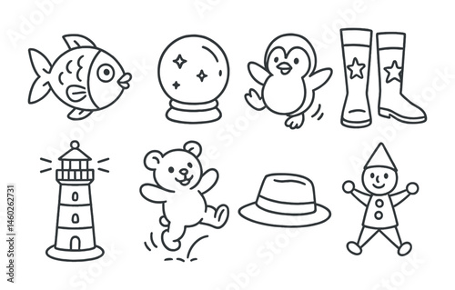 Line style icons of cartoons: cartoon fish, magic crystal ball, playful penguin, superhero boots, cartoon lighthouse, bouncing teddy bear, cartoon hat, jumping jack.