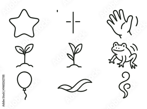 Line style icons of animation: morphing star, blinking cursor, waving hand, growing plant, jumping frog, animated balloon, flowing ribbon, swirling smoke.