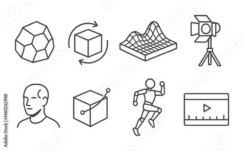 Line style icons of 3D: 3D rock, shape deformation, 3D terrain, lighting rig, model shading, crease tool, key pose, render timeline.