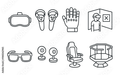 Line style icons of VR: VR headset, hand controllers, VR gloves, VR room setup, virtual reality glasses, VR tracking sensors, immersive chair, motion platform.