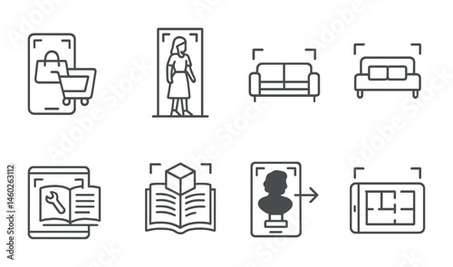 Line style icons of AR: AR shopping app, virtual fitting room, AR furniture placement, AR manual guide, interactive AR book, AR museum guide, AR art overlay, AR construction plan.