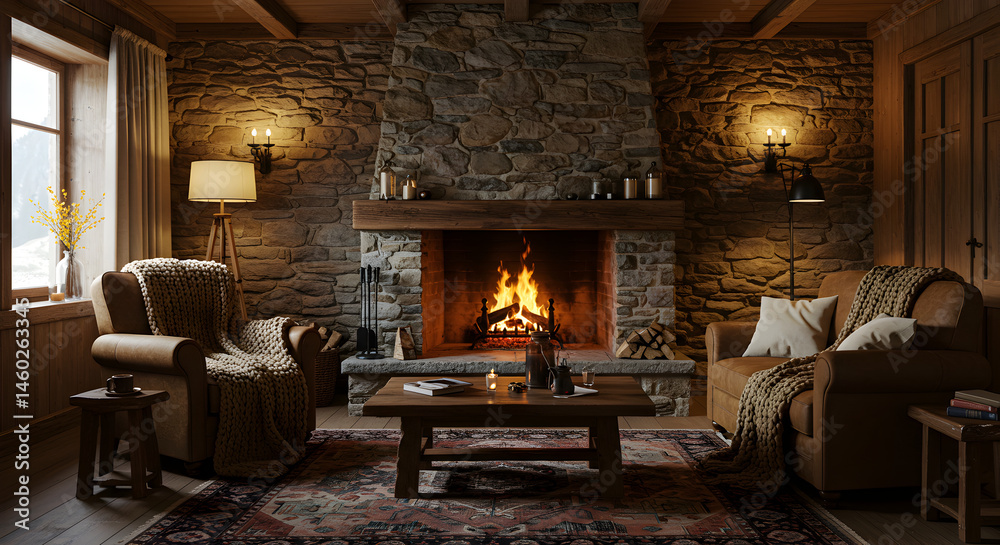 Obraz premium Rustic Retreat Cozy Living Room With Fireplace and Warm Ambiance