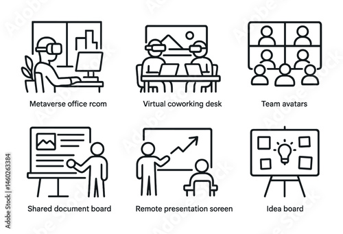 Line style icons of metaverse: metaverse office room, virtual coworking desk, video conference table, team avatars, shared document board, remote presentation screen, task manager, idea board.