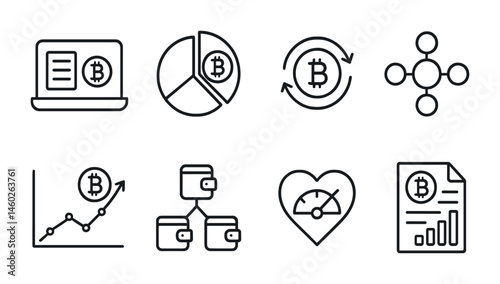 Line style icons of cryptocurrency: crypto portfolio tracker, asset allocation pie chart, crypto rebalancing icon, diversified investment, crypto portfolio growth, tracking multiple wallets,