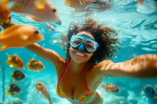 Bright commercial style image. A lovely and sexy happy middle eastern young woman with blond hair in a swimming mask and fins snorkeling among the corals. Vibrant sea world discovery.