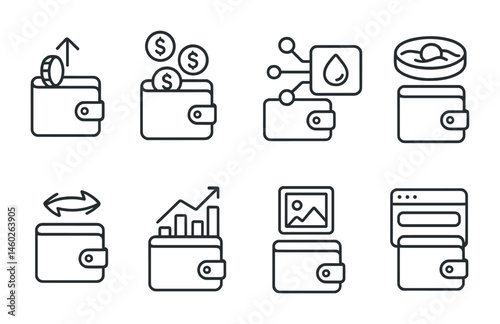 Line style icons of wallets: staking from wallet, wallet earning rewards, wallet connected to DeFi app, wallet liquidity pool access, wallet bridging assets, wallet portfolio tracker, wallet NFT